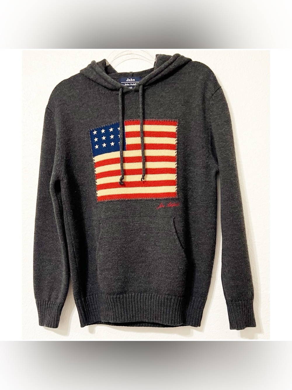 John Ashford Charcoal Hoodie with Knit American Flag Patch Lana Merino Wool